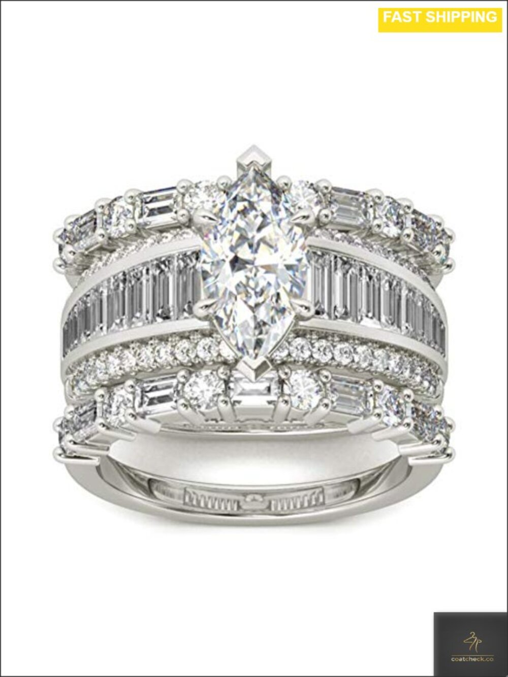 3PC Wedding Ring Set Marquise Cut CZ 14K Gold Plated Sterling Silver Bridal